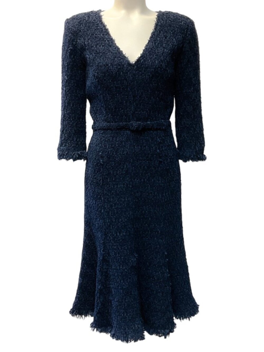 Oscar de la Renta Navy Blue Belted Midi Dress